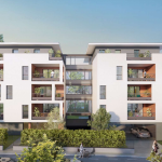 investissement immobilier-résidence neuve espaces verts rue passants ciel bleu