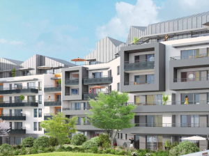 programme immobilier neuf saint julien en genevois- résidence neuve façade blanche et grise vue sur les balcons espaces verts ciel bleu