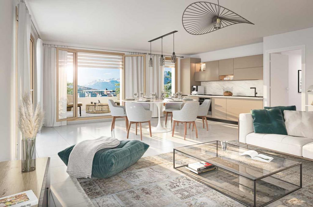 Investir dans l'immobilier à Annecy dans un appartement neuf avec un grand salon meublé et design